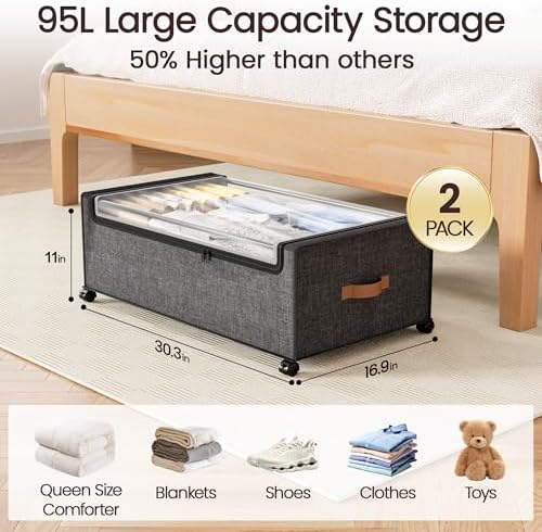 Yecaye 95L Under Bed Storage Containers, Fits 11" Under Bed, 2 Pack - Image 2