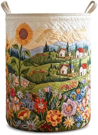 Quilted Laundry Basket with Handles, Boho Floral Quilted Storage Hamper by Unknown