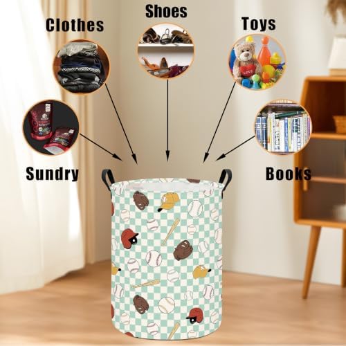 Round Laundry Basket Collapsible Storage Hamper Green Grid Baseball - Image 4