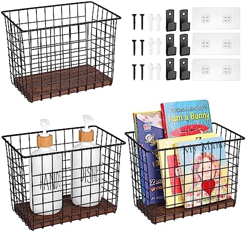 Wall Hanging Baskets, 3 Wooden Wire Bins by LIGHTDUST