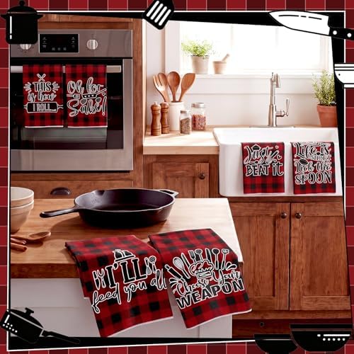Bencailor 6 Pcs Red Black Plaid Kitchen Towels Decorative Sets Dish Towels - Image 2