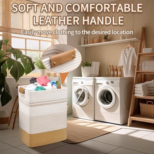 Laundry Hamper, 85L Cotton Rope Laundry Basket, Jute & White - Image 6
