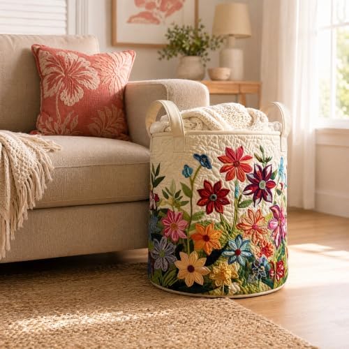 Quilted Laundry Basket with Handles, Boho Floral Quilted Storage Hamper - Image 7