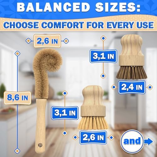 5 Pcs Bamboo Dish Brush Set, Non-Scratch Bristles, Replacement Head - Image 3