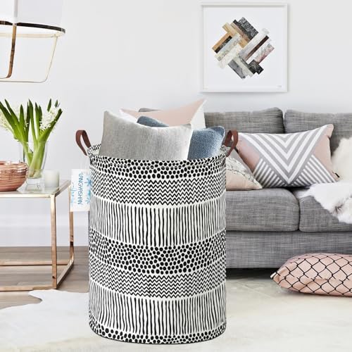 Round Laundry Basket Collapsible Storage Hamper Organizer Black Line - Image 6