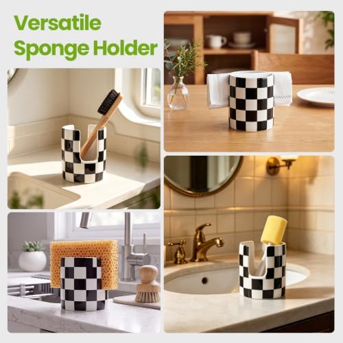 Kitchen Sink Sponge Holder, Checkered Dish Sponge Rack Ceramic Brush Holder - Image 3