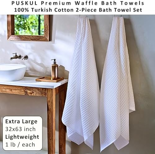 PÜSKÜL Natural 100% Turkish Cotton Waffle Bath Towels Set of 2, Extra-Large - Image 3