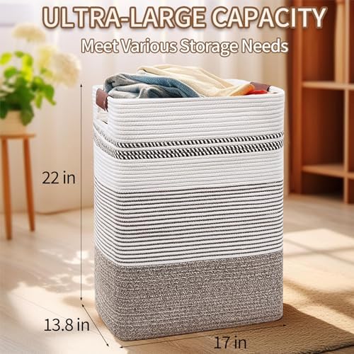 Laundry Hamper, 85L Cotton Rope Laundry Basket, Rice Brown & White - Image 2
