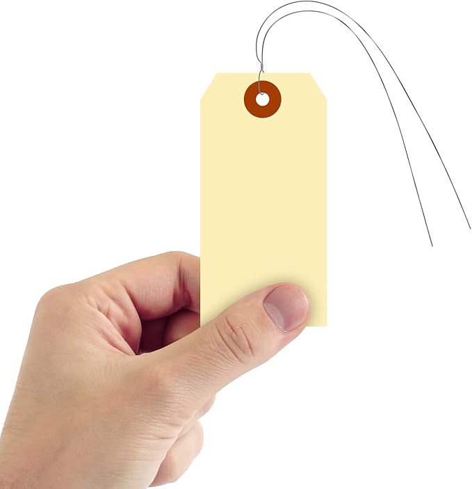 SmartSign Blank Manila Shipping Tags with Wire, Size-4, Pack of 100, 13pt Thick Prewired Cardstock Tag, 4.25 x 2.125 inch Paper Hang Tags with Reinforced Fiber Patch