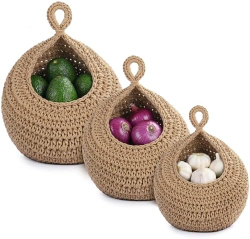 Hanging Storage Baskets Boho Decor Set of 3, Handmade Cotton Rope Wall-Mounted by LiteSorb