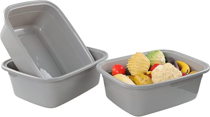 Sandmovie 18 Quart Plastic Dish Basin, Shallow Plastic Sink Basin, 3 Packs, Grey
