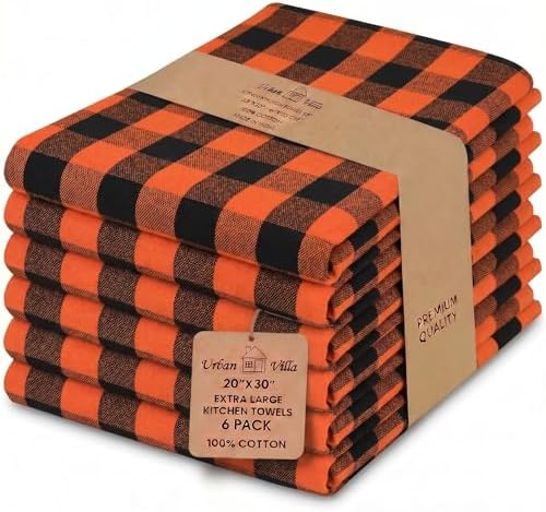 Urban Villa Kitchen Towels Cotton Dish Towels 20”x30” Orange Blk by CottonTrends