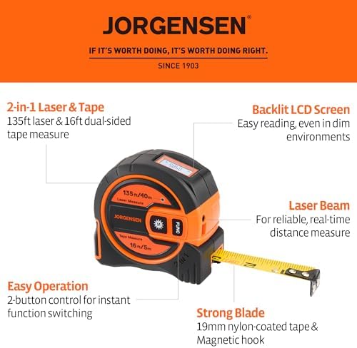 JORGENSEN 2-in-1 Laser Tape Measure, 135Ft Measuring Laser &16Ft Tape - Image 2