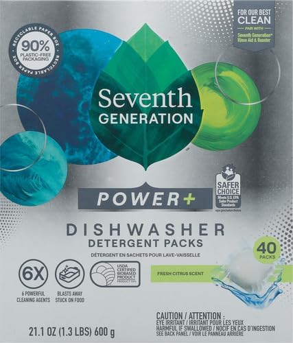 Seventh Generation Power Plus Dishwasher Detergent Packs Fresh Citrus scent for sparkling dishes Dishwasher tabs 40 count