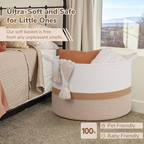 INDRESSME 115L Extra Large Woven Rope Blanket Basket Living Room WhiteCamel - Image 5