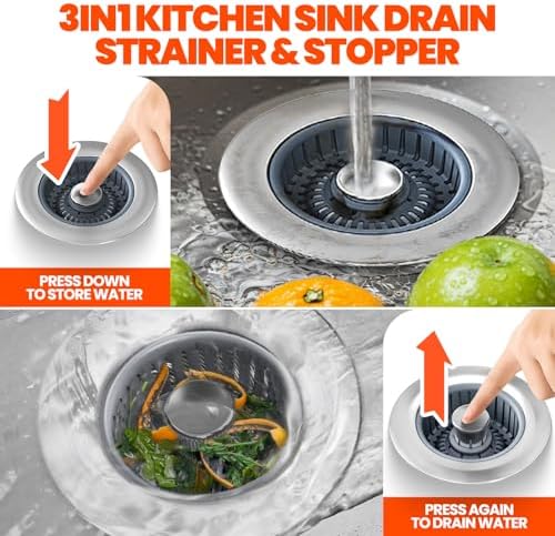 3 in 1 Kitchen Sink Drain Strainer and Stopper Silver 1 Pack - Image 3