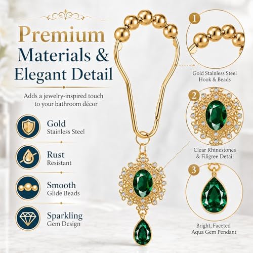 12PCS Green Gem Shower Curtain Hooks, Elegant Bathroom Decor - Image 2