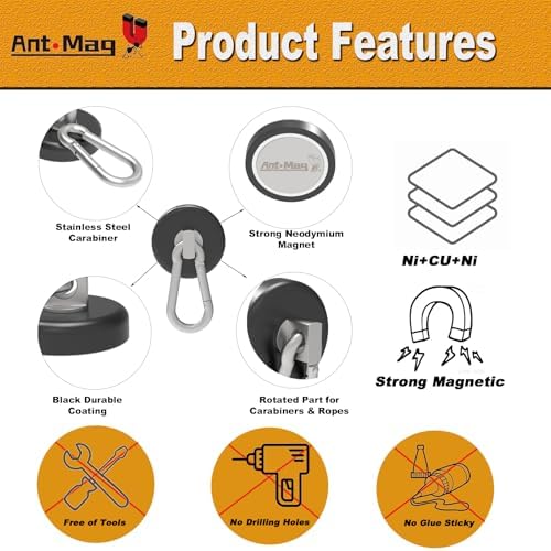 Ant Mag Magnetic Hooks Heavy Duty Neodymium, 140LBS Swiveling Carabiner - Image 4