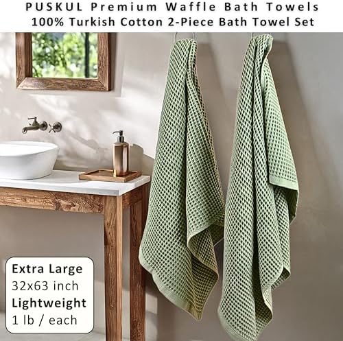 PÜSKÜL Natural 100% Turkish Cotton Waffle Bath Towels Set of 2, Extra-Large - Image 4