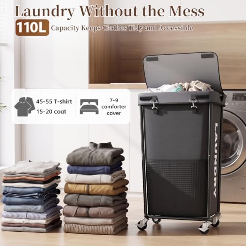Laundry Hamper with Wheels and Lid, 110L Large Rolling Laundry Basket Gray - Image 2