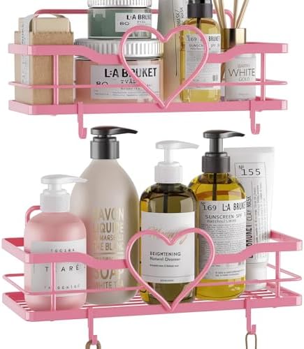 Pink Shower Caddy with 4 Removable Hooks, 2 Pack Sweet Heart Shower Shelves by FLCITYYOURHOMEDECORVENDOR