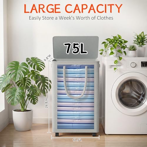 Slim Laundry Hamper with Wheels, 20 Gal Rolling Laundry Basket with lid and - Image 2