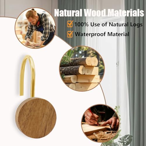 Shower Curtain Hooks, Wood Decorative Shower Curtain Rings, Modern Round Log - Image 2