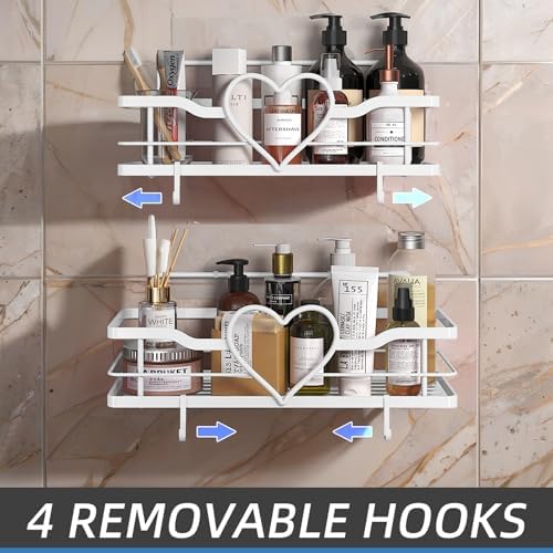 White Heart Shower Caddy, No Drilling Adhesive Shelves, 2 Pack - Image 4