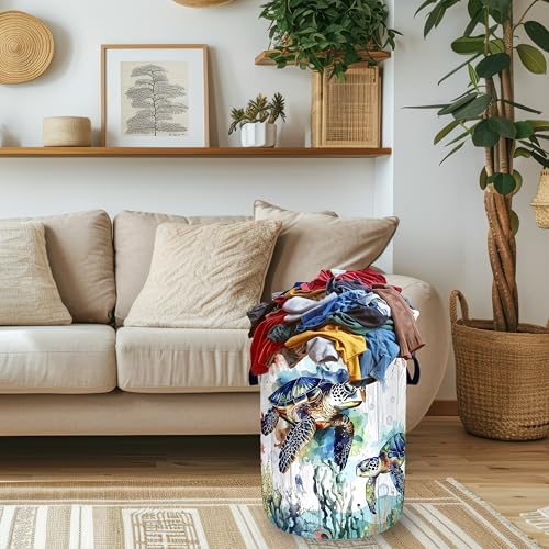 Ocean Sea Turtle Laundry Basket Oxford Cloth Foldable Hamper 18.9x16.5 Inch - Image 2