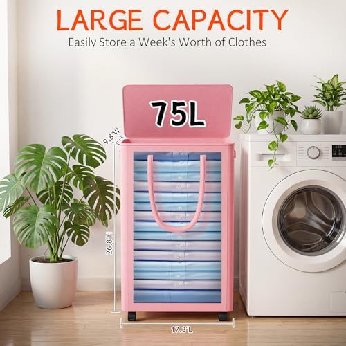 Slim Laundry Hamper with Wheels, 20 Gal Rolling Laundry Basket with lid and - Image 2