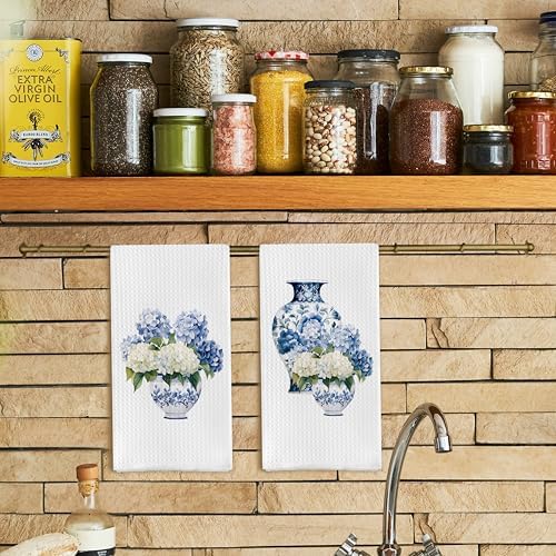 Blue and White Porcelain Chinoiserie Kitchen Towels Set of 2, Hydrangea Floral - Image 2
