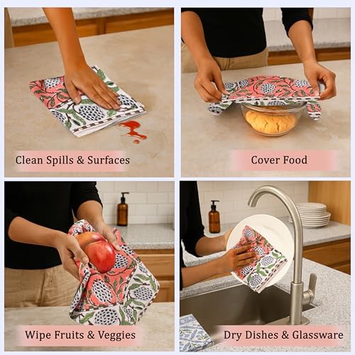 Ridhi Dark Salmon Pink Hand Block Print Cotton Kitchen Towels, 16x28 Inch - Image 4