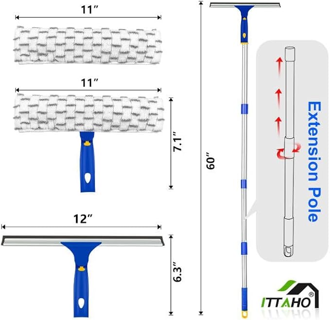 Window Squeegee with Extension Pole, Separate 12" Squeegee & 11" Microfiber - Image 7