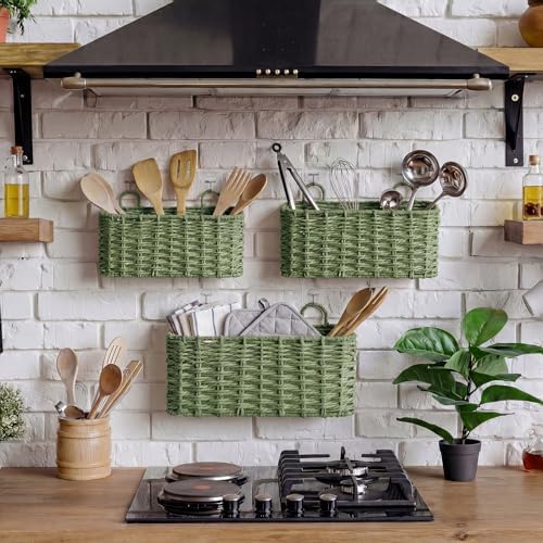 3 Pcs Wall Hanging Baskets, Sage Green, Paper Cord - Image 4