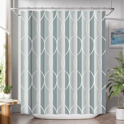 AmazerBath Shower Curtain Sets, Washable Cloth Geometric Green-Grey Stripped by AmazerBath