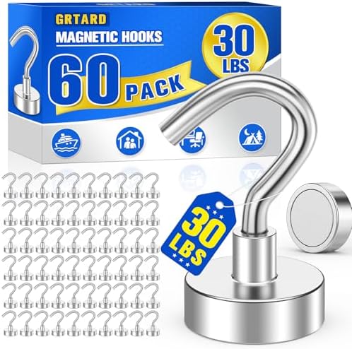 Grtard 60 Pcs Silver Magnetic Hooks Heavy Duty, 30 LBS Strong Magnet Hooks by Grtard