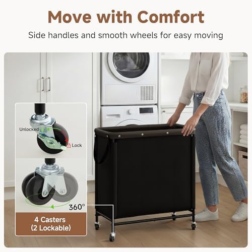 StorageWorks 3 Section Laundry Hamper, 120L Black Sorter Cart - Image 2