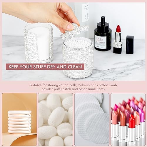 KEYPOWER Bling Rhinestone Cotton Ball Pad Swabs Make Up Pads Dispenser Holder - Image 6