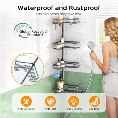 HAMITOR Corner Shower Caddy, 4-Tier Shampoo Shelf Tension Pole, 47-123 inch - Image 2