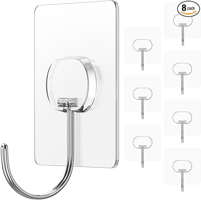 Adhesive Wall Hooks No Drill Large Clear Heavy Duty, 13LB Sticky 8 Pack | Large by JINSHUNFA