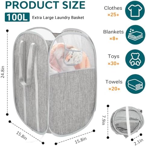100L Large Collapsible Laundry Baskets, Tear-resistant Hampers - Image 3