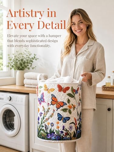 Quilted Laundry Basket with Handles, Boho Floral Quilted Storage Hamper - Image 3