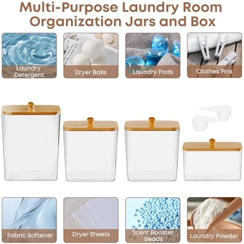 COAZEX 4 Pack Clear Laundry Pods Container & Dryer Sheet Holder, Bamboo Lids - Image 5