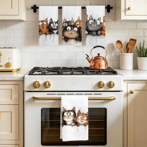 Jztco 4 Pcs Cute Cat Kitchen Towels, Funny Cats Absorbent Hand Tea Towel - Image 5