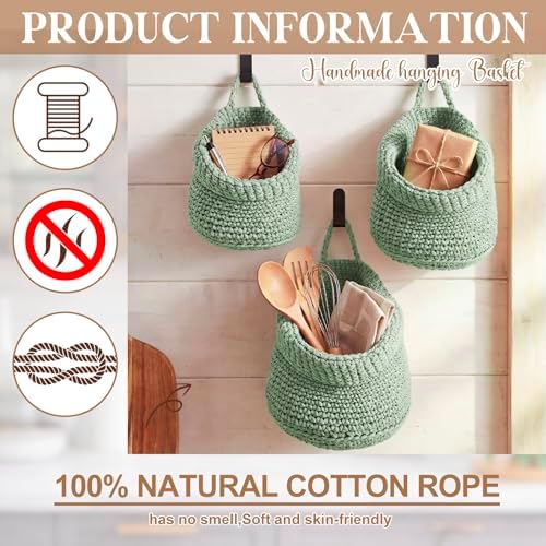Honeydak 3 Hanging Baskets, Sage Green, Cotton Rope - Image 5