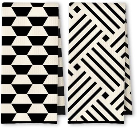 Black and White Kitchen Towels Set of 2, Boho Minimalist Abstract Dish Tea by Unknown