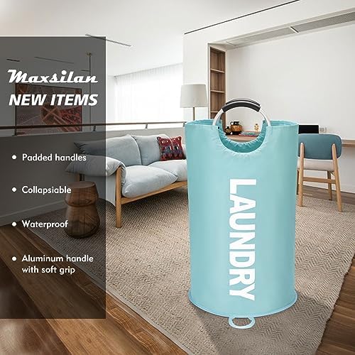Maxsilan 90L Large Laundry Basket Bag, Collapsible Tall Hamper, Light Blue - Image 2