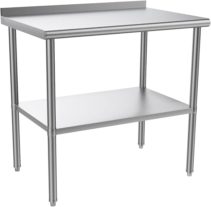 ROVSUN 36'' x 24'' Stainless Steel Table for Prep & Work,Commercial Worktables & Workstations, NSF Heavy Duty Metal Table with Adjustable UnderShelf & Backsplash for Kitchen, Restaurant,Home,Hotel