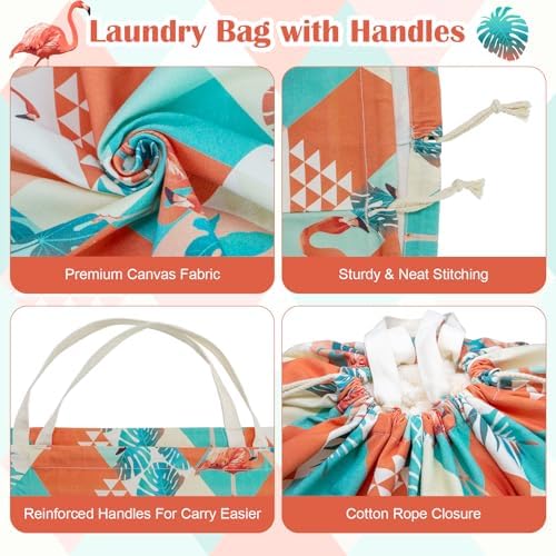 Canvas Laundry Bag with Handles & Drawstring 30"Wx35"H, L+ Pink Flamingo - Image 6