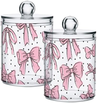 2 Pack Apothecary Jars Bathroom Bow Pink Qtip Holder Dispenser Clear Plastic by Unknown